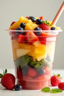 Smoothie fraise mangue avec fruits frais dans un gobelet transparent